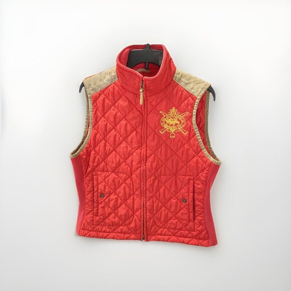 Ralph Lauren Women Red Quilted Vest Sz L Oversized Pony Logo Puff Preppy Retro - Picture 1 of 5